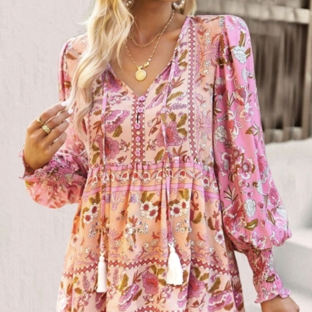 NEW Cottage Floral Lantern Sleeve Top Blouse Pink Yellow